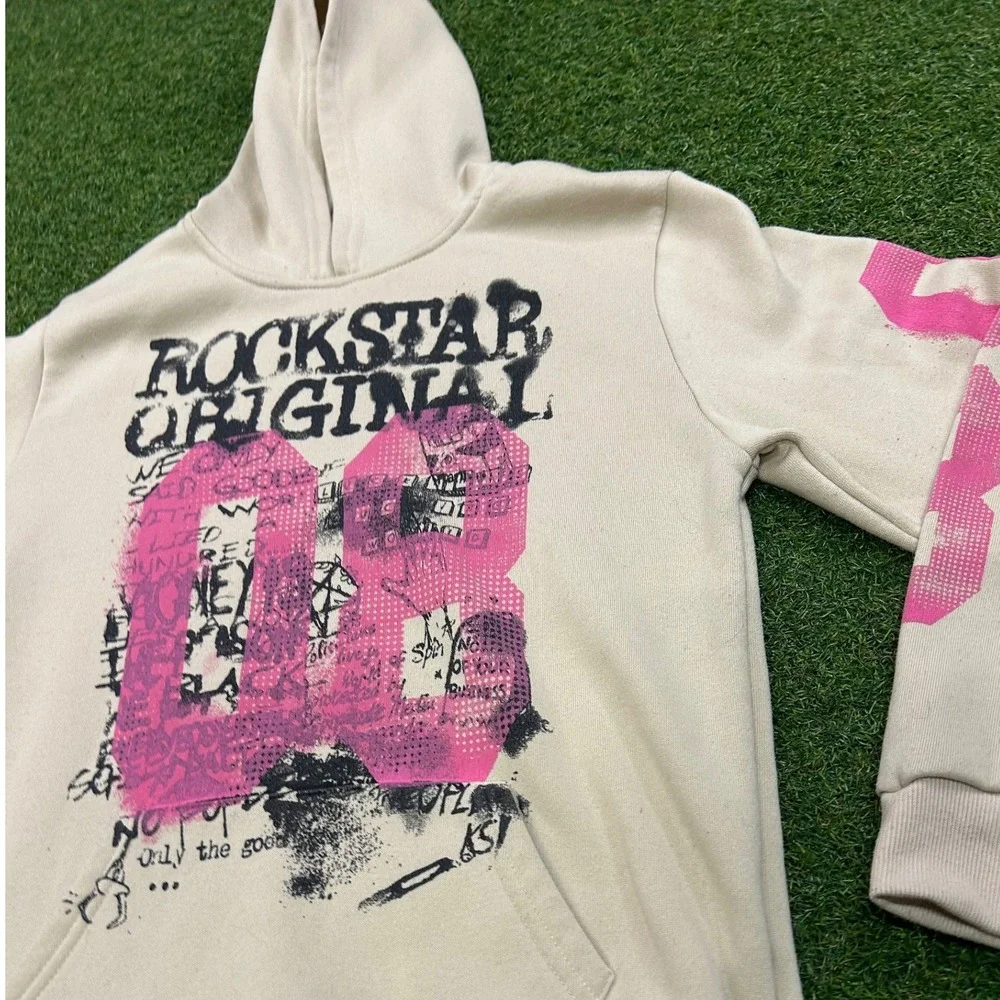 Rockstar Original Kids Beige Pink Graphic Pullover Hoodie Size 12 RHBB16